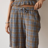 AFENDS ALEXA MUSTANG HEMP LONGLINE SHORT- CEDAR/BLUE CHECK