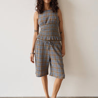 AFENDS ALEXA MUSTANG HEMP LONGLINE SHORT- CEDAR/BLUE CHECK
