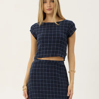 AFENDS DARCY SEERSUCKER TOP - THEA MIDNIGHT CHECK