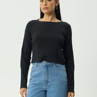 AFENDS FOCUS SEERSUCKER LONG SLEEVE TOP - BLACK