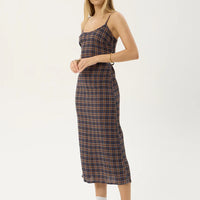 AFENDS RUMI SEERSUCKER MIDI DRESS - SHEV INDIGO CHECK