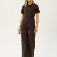 AFENDS MIAMI DENIM FLARED LEG JUMPSUIT - WASHED COFFEE