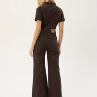 AFENDS MIAMI DENIM FLARED LEG JUMPSUIT - WASHED COFFEE