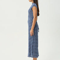 AFENDS MOUNTAIN HEMP SEERSUCKER MIDI DRESS - NAVY RED CHECK
