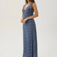 AFENDS MOUNTAIN TULLY HEMP SEERSUCKER MAXI DRESS - NAVY RED CHECK