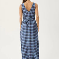 AFENDS MOUNTAIN TULLY HEMP SEERSUCKER MAXI DRESS - NAVY RED CHECK