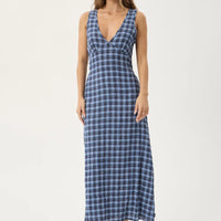 AFENDS MOUNTAIN TULLY HEMP SEERSUCKER MAXI DRESS - NAVY RED CHECK