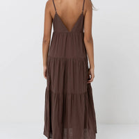 RHYTHM CLASSIC TIERED MIDI DRESS - CHOCOLATE
