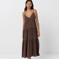 RHYTHM CLASSIC TIERED MIDI DRESS - CHOCOLATE