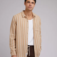 SILENT THEORY COEN STRIPE LONG SLEEVE SHIRT - TAN