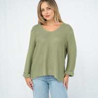 SILVER WISHES ROLL UP SLEEVE KNIT TOP - SAGE