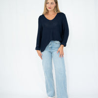 SILVER WISHES ROLL UP SLEEVE KNIT TOP - NAVY