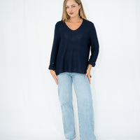 SILVER WISHES ROLL UP SLEEVE KNIT TOP - NAVY