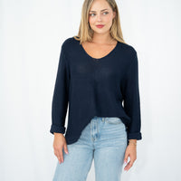 SILVER WISHES ROLL UP SLEEVE KNIT TOP - NAVY