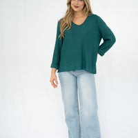SILVER WISHES ROLL UP SLEEVE KNIT TOP - EMERALD
