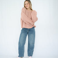 SILVER WISHES ROLL UP SLEEVE KNIT TOP - SALMON PINK