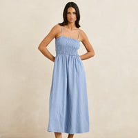 RHYTHM CLASSIC SHIRRED MIDI DRESS - STEEL BLUE
