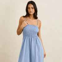 RHYTHM CLASSIC SHIRRED MIDI DRESS - STEEL BLUE
