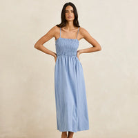 RHYTHM CLASSIC SHIRRED MIDI DRESS - STEEL BLUE