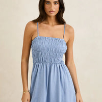 RHYTHM CLASSIC SHIRRED MIDI DRESS - STEEL BLUE