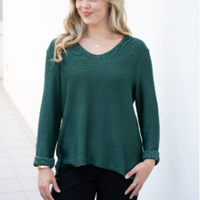 SILVER WISHES ROLL UP SLEEVE KNIT TOP - FOREST GREEN