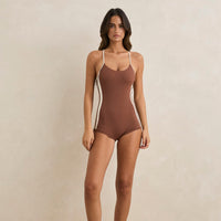 RHYTHM LILY RIB CROSS BACK SURF SHORT ONE PIECE - CHOCOLATE