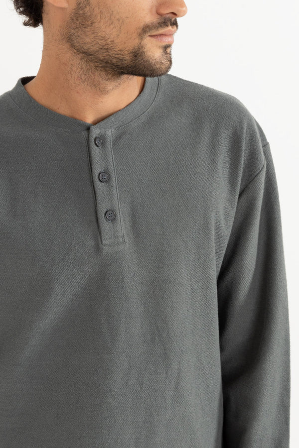 RHYTHM MENS VINTAGE TERRY LS HENLEY- SILVER PINE
