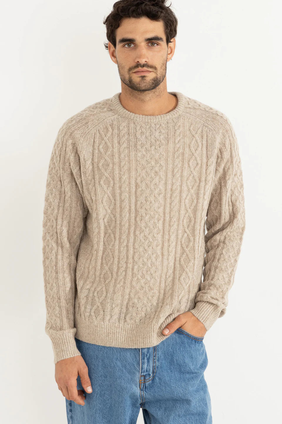 RHYTHM MENS MOHAIR FISHERMANS KNIT - OATMEAL