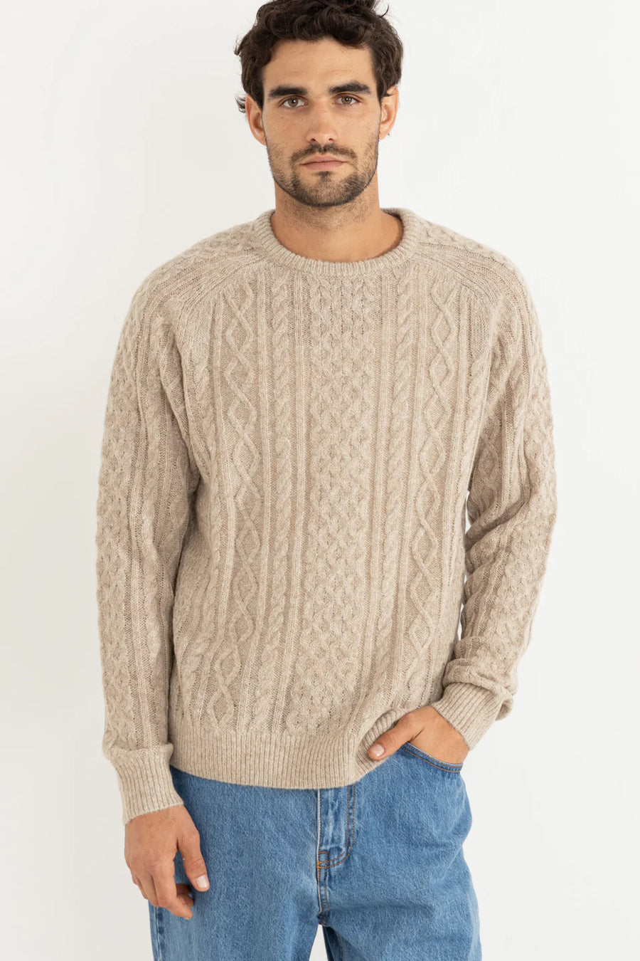 RHYTHM MENS MOHAIR FISHERMANS KNIT - OATMEAL