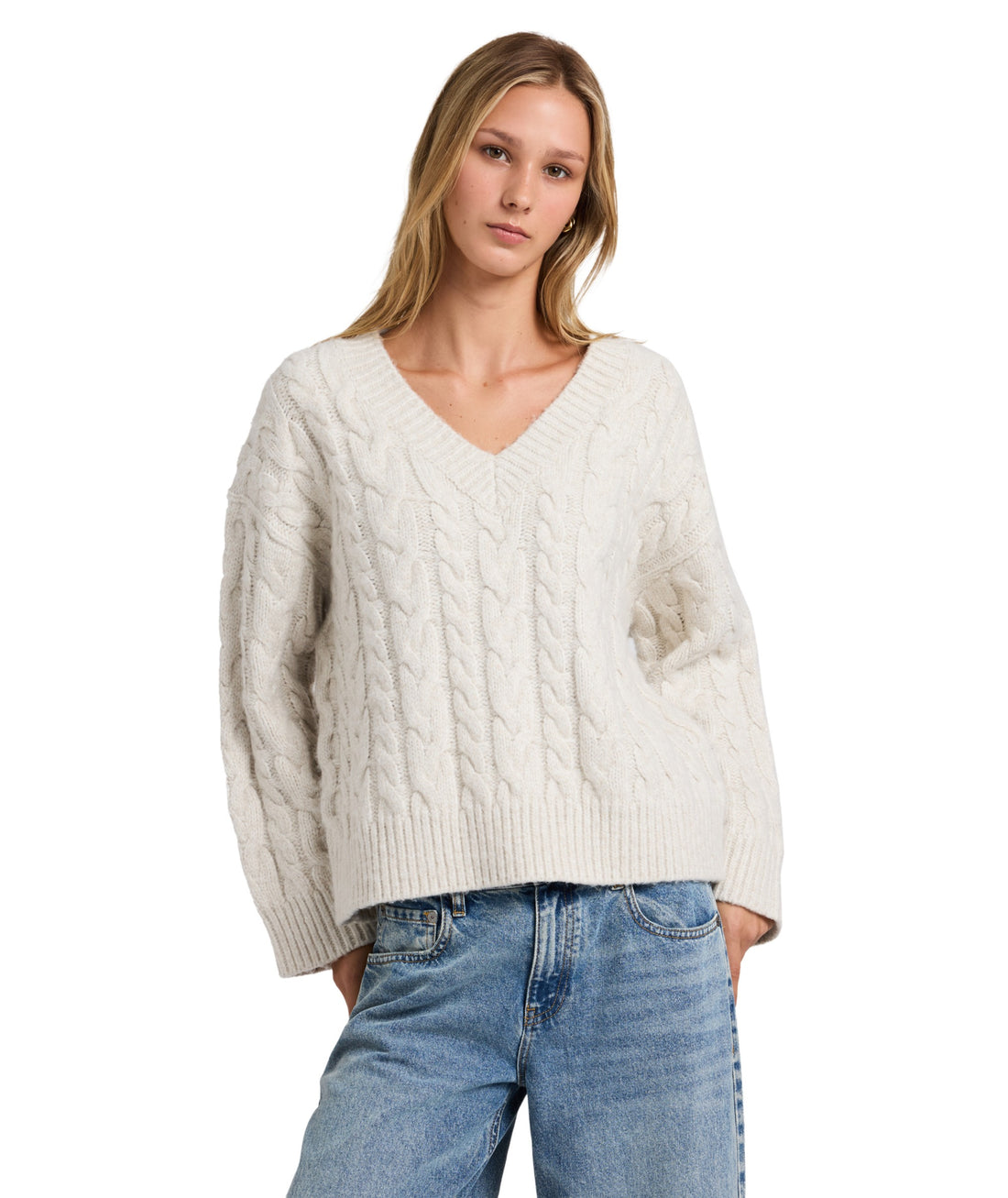 RVCA CABLE V NECK SWEATER - STAR WHITE