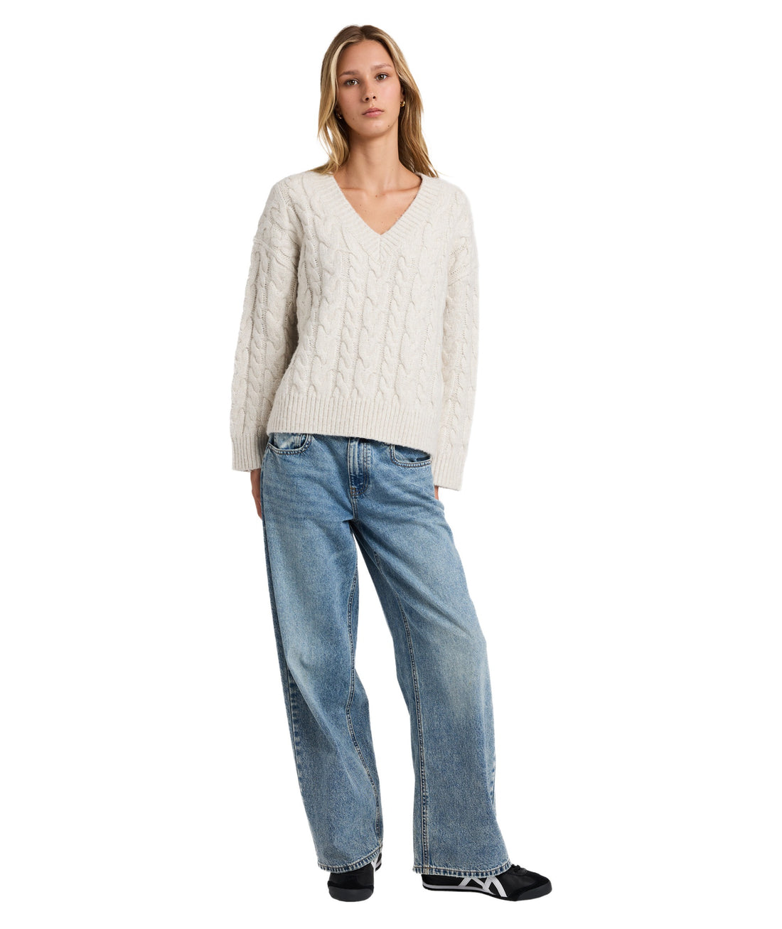 RVCA CABLE V NECK SWEATER - STAR WHITE