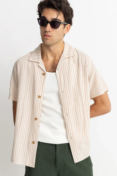 RHYTHM MENS VACATION STRIPE SHORT SLEEVE SHIRT - NATURAL