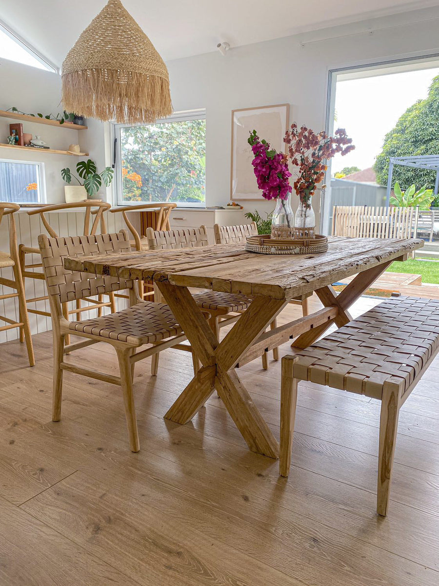 Rustic Teak Timber Cross Leg Dining Table 2m x 1m