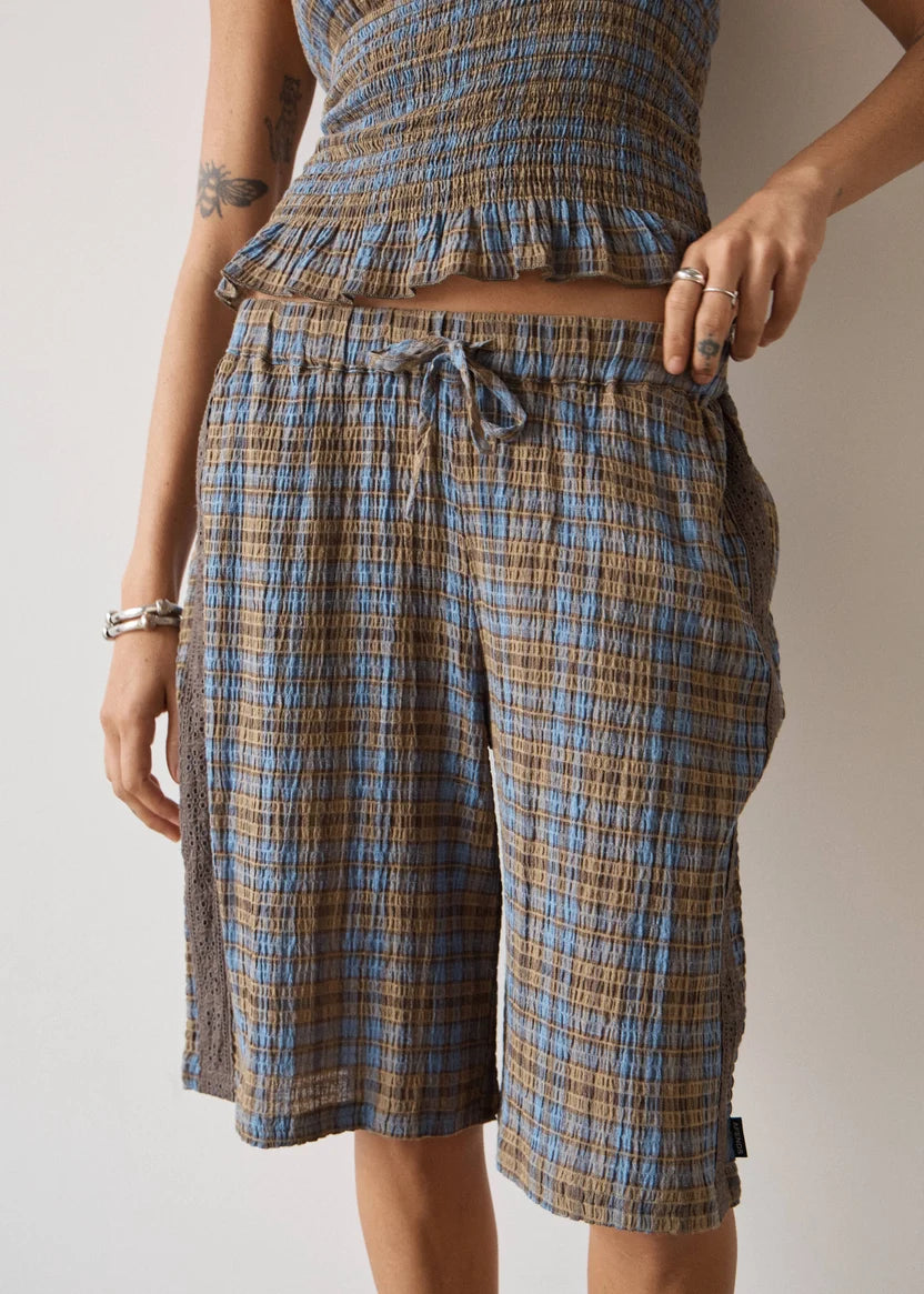 AFENDS ALEXA MUSTANG HEMP LONGLINE SHORT- CEDAR/BLUE CHECK