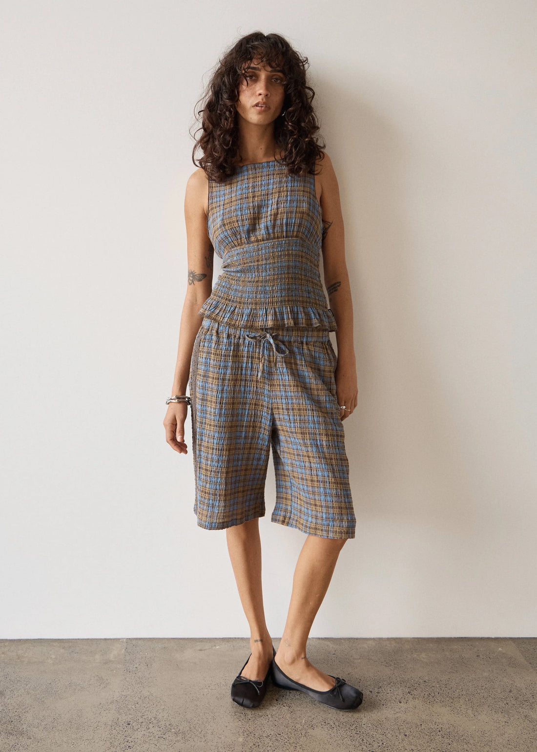 AFENDS ALEXA MUSTANG HEMP LONGLINE SHORT- CEDAR/BLUE CHECK