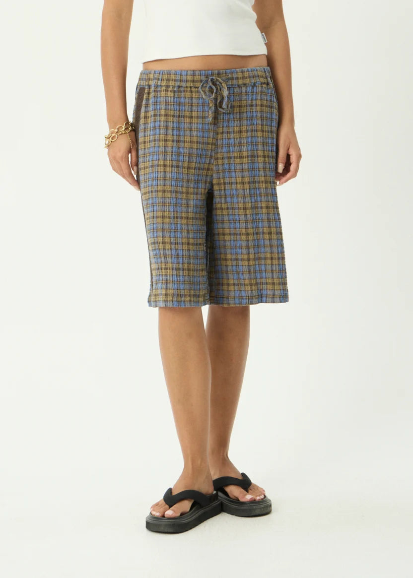 AFENDS ALEXA MUSTANG HEMP LONGLINE SHORT- CEDAR/BLUE CHECK