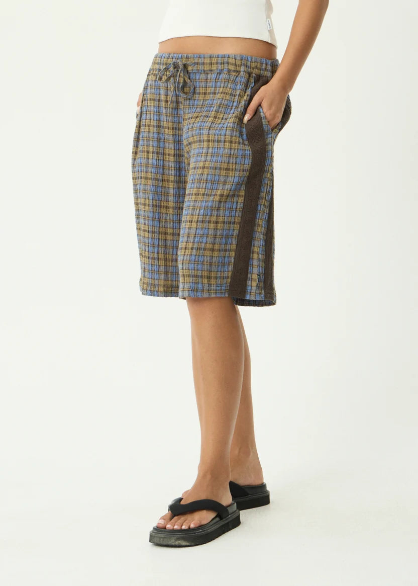 AFENDS ALEXA MUSTANG HEMP LONGLINE SHORT- CEDAR/BLUE CHECK
