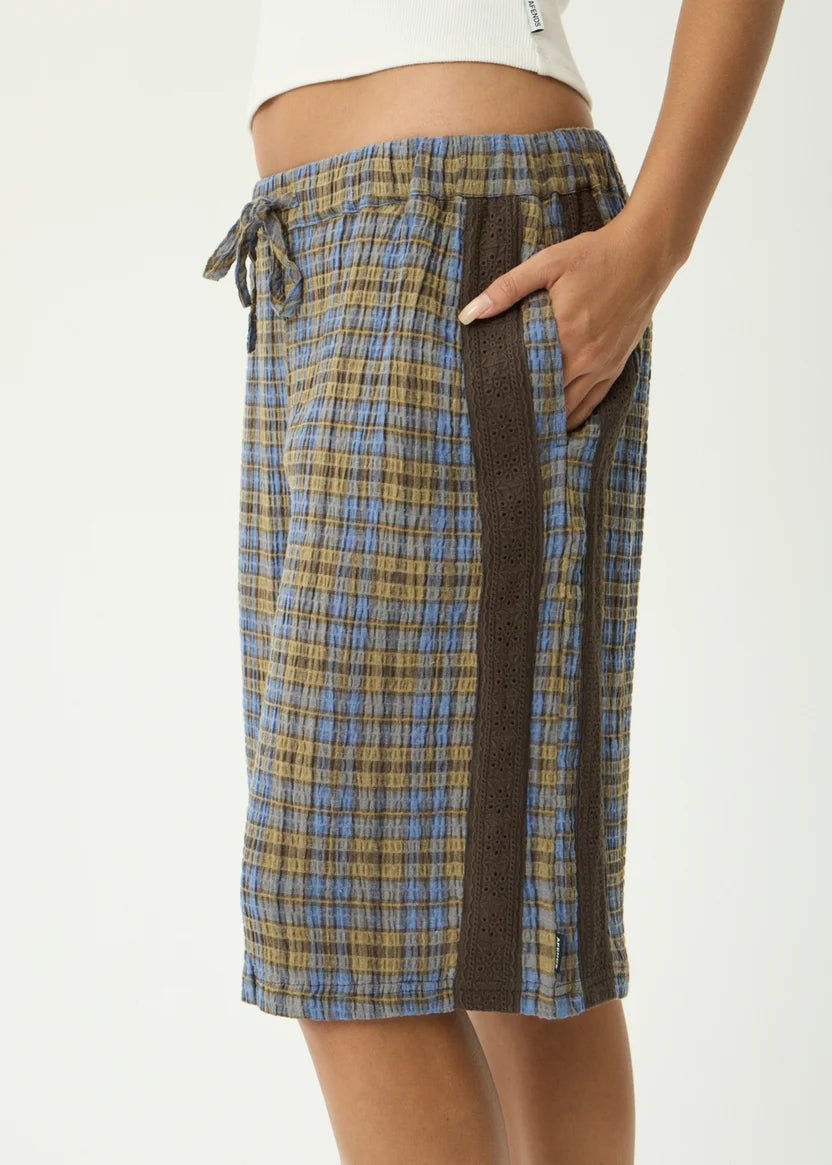 AFENDS ALEXA MUSTANG HEMP LONGLINE SHORT- CEDAR/BLUE CHECK