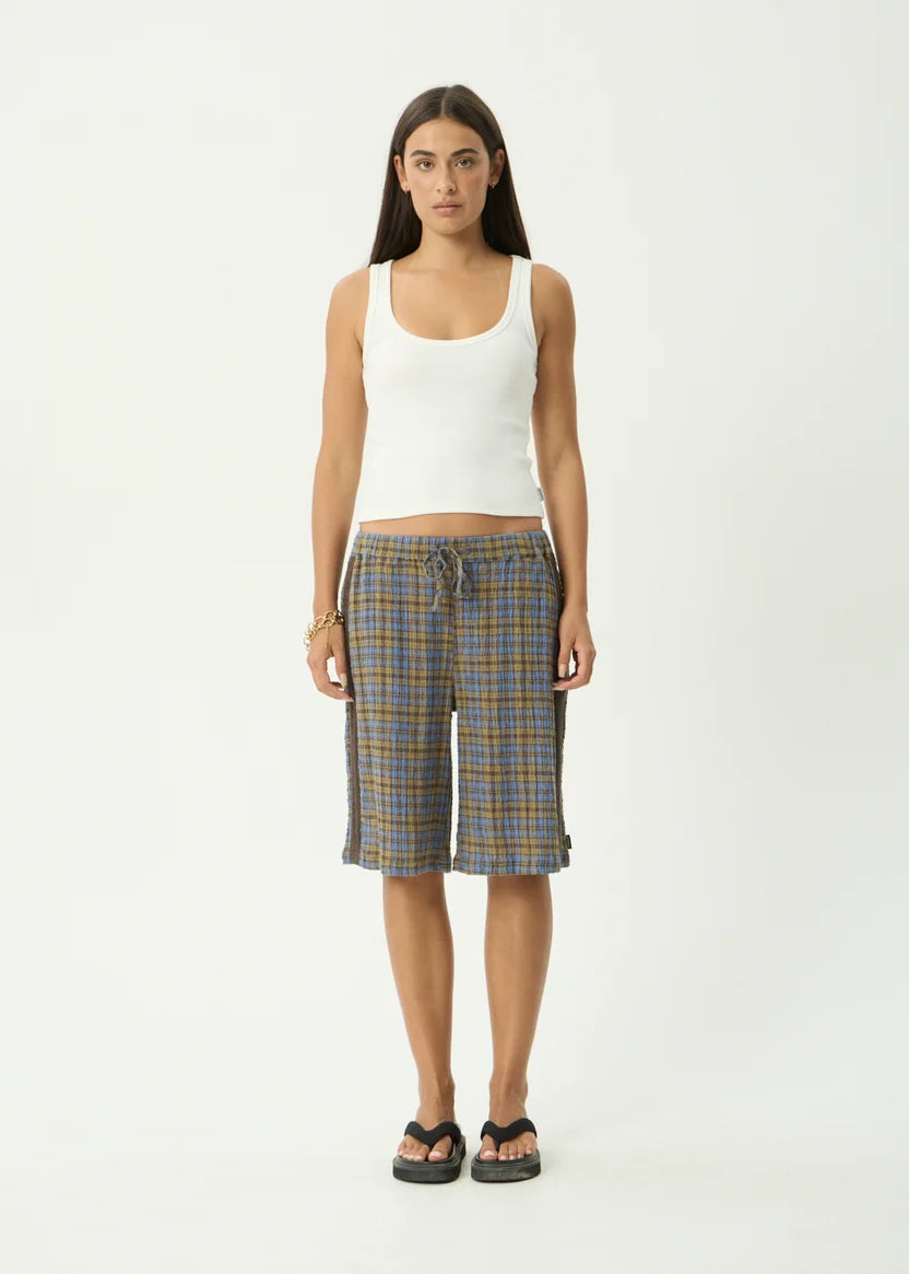 AFENDS ALEXA MUSTANG HEMP LONGLINE SHORT- CEDAR/BLUE CHECK