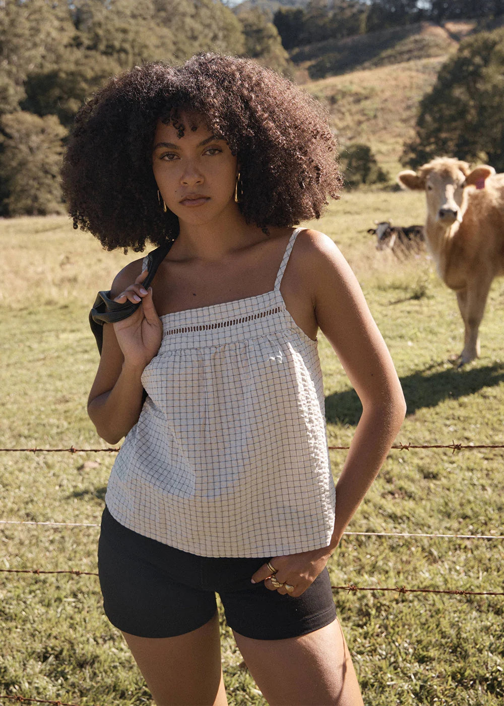 AFENDS CANDICE SEERSUCKER CAMI TOP - REVERB MOONBEAM CHECK