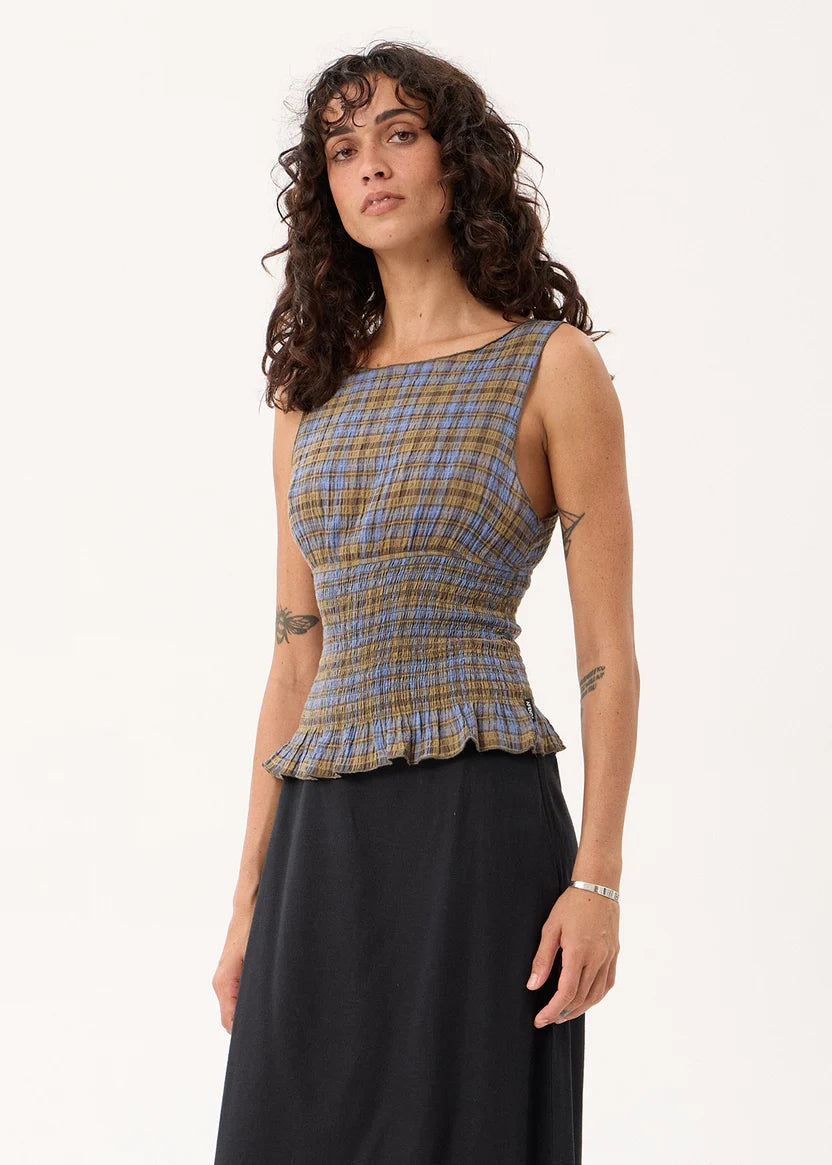 AFENDS CEDAR MUSTANG HEMP SEERSUCKER SLEEVELESS TOP - CEDAR /BLUE CHECK