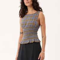 AFENDS CEDAR MUSTANG HEMP SEERSUCKER SLEEVELESS TOP - CEDAR /BLUE CHECK