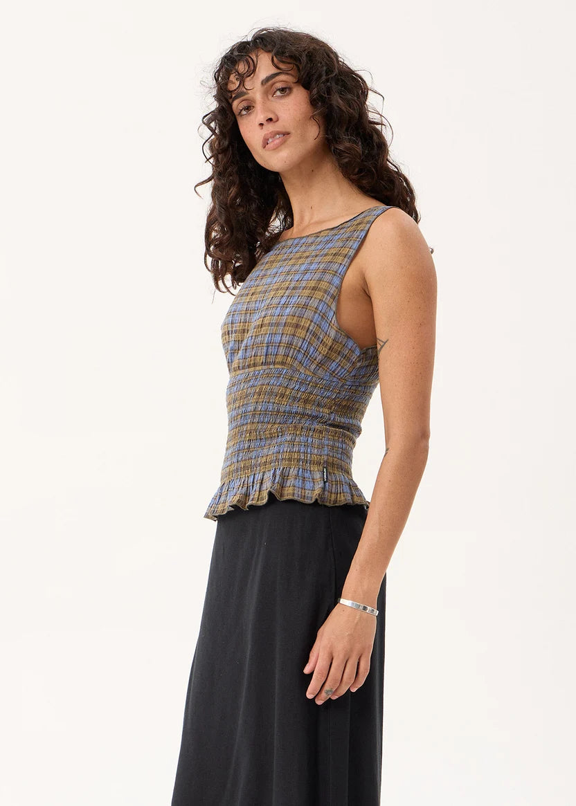 AFENDS CEDAR MUSTANG HEMP SEERSUCKER SLEEVELESS TOP - CEDAR /BLUE CHECK