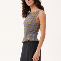 AFENDS CEDAR MUSTANG HEMP SEERSUCKER SLEEVELESS TOP - CEDAR /BLUE CHECK