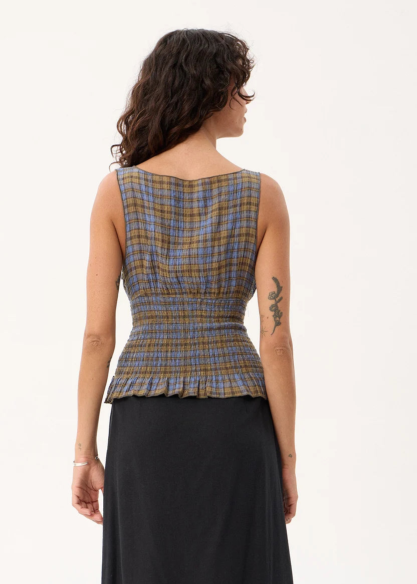 AFENDS CEDAR MUSTANG HEMP SEERSUCKER SLEEVELESS TOP - CEDAR /BLUE CHECK