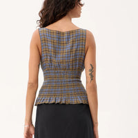 AFENDS CEDAR MUSTANG HEMP SEERSUCKER SLEEVELESS TOP - CEDAR /BLUE CHECK