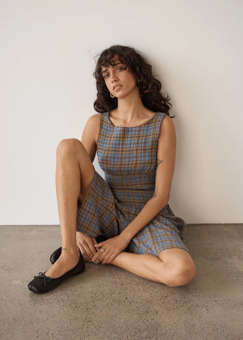 AFENDS CEDAR MUSTANG HEMP SEERSUCKER SLEEVELESS TOP - CEDAR /BLUE CHECK