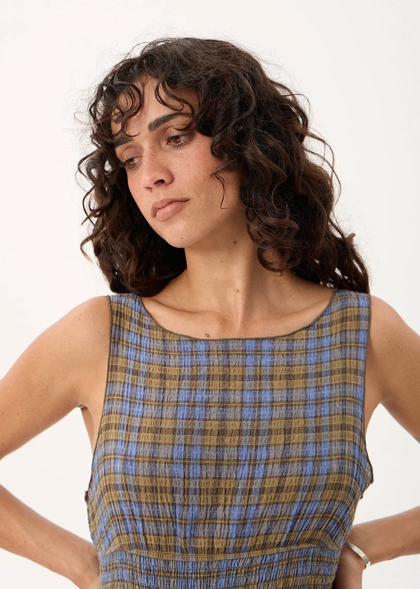 AFENDS CEDAR MUSTANG HEMP SEERSUCKER SLEEVELESS TOP - CEDAR /BLUE CHECK