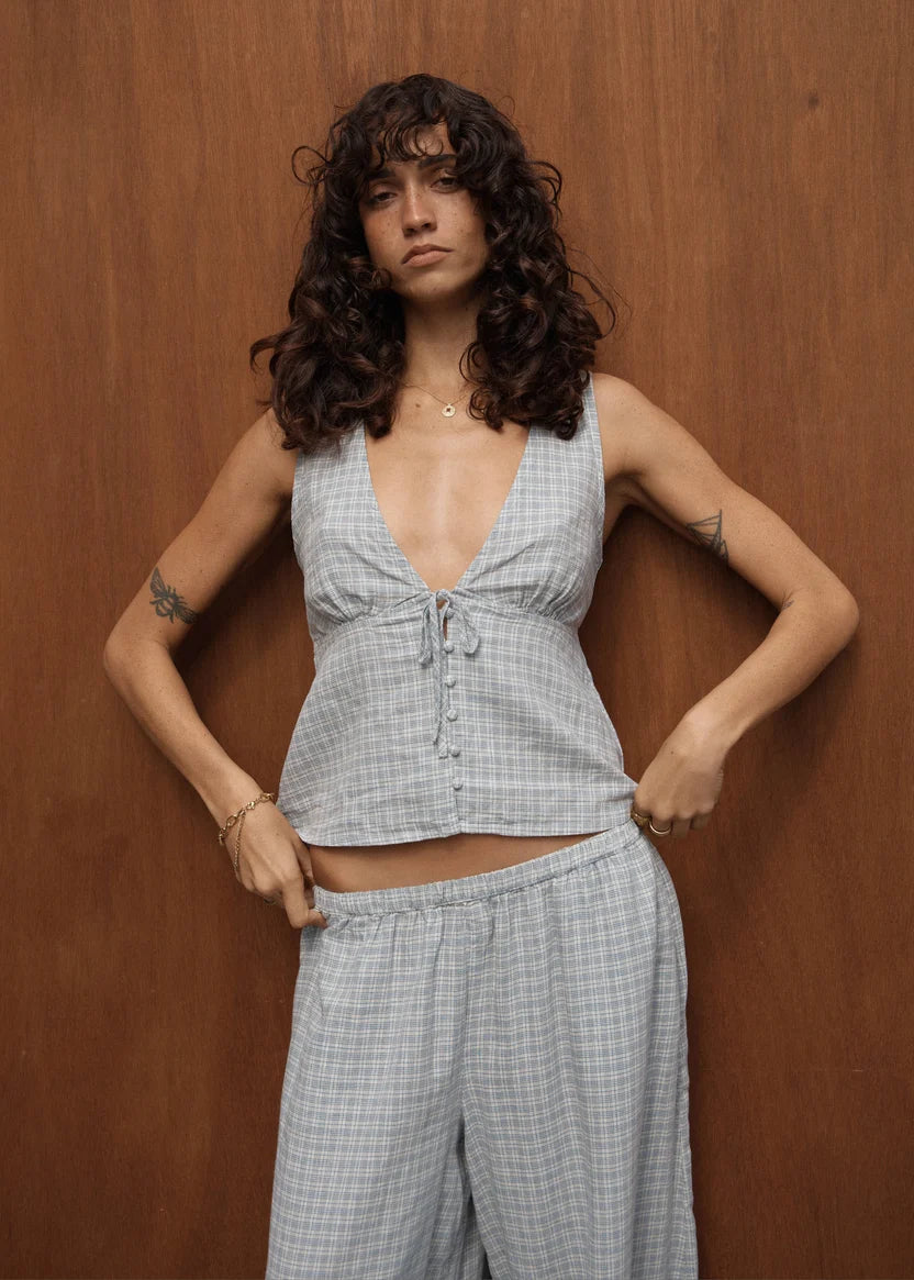AFENDS DAHLIA DEVON HEMP SLEEVELESS TOP - SILVER BIRCH