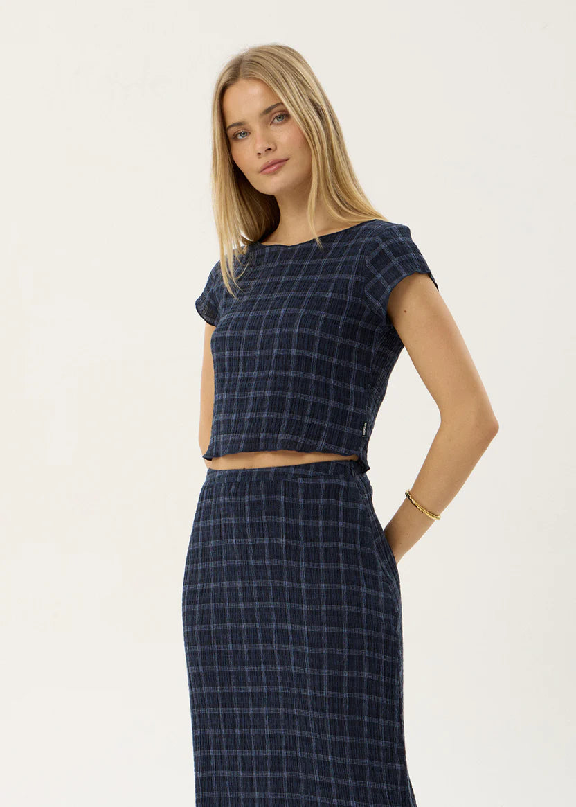 AFENDS DARCY SEERSUCKER TOP - THEA MIDNIGHT CHECK